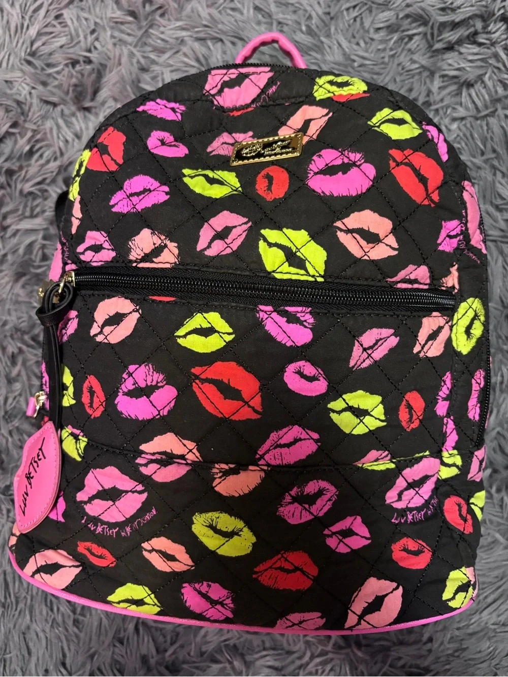 Betsey Johnson Quilted Lips Print Mini Backpack Black Pink Neon Travel Bag